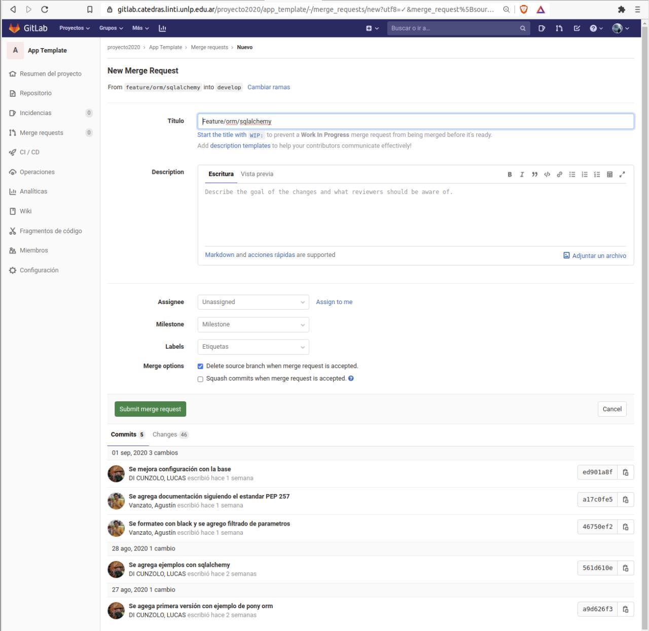 Merge Requests en Gitlab Proyecto de Software 2021